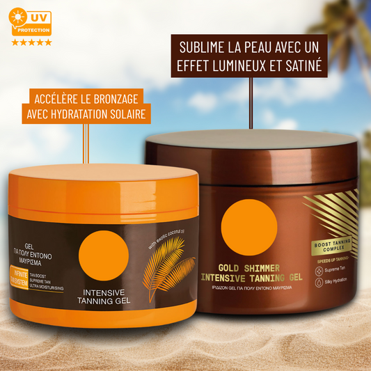 🔥🔥Kit Bronze Glow – Gel Accélérateur de Bronzage + Gel Illuminateur Gold Shimmer